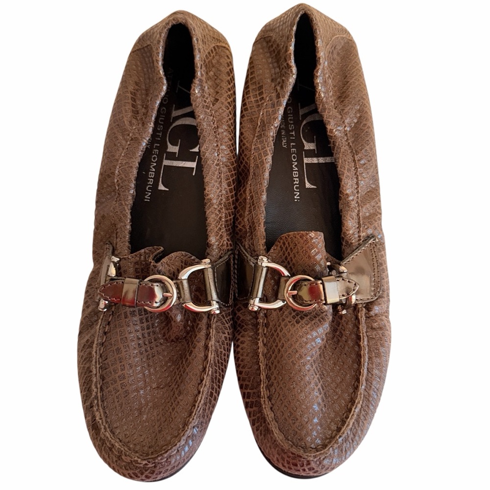 AGL Textured Brown Loafers with Silver Buckle Accent 37(6.5)